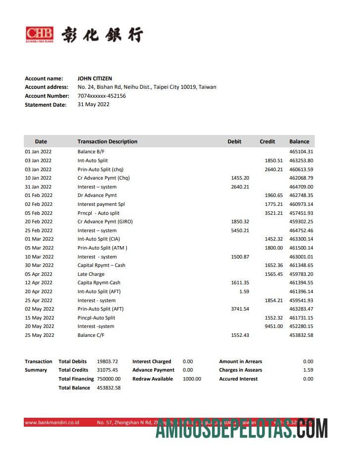 Modelo Xls do extrato bancário de Taiwan Chang Hwa